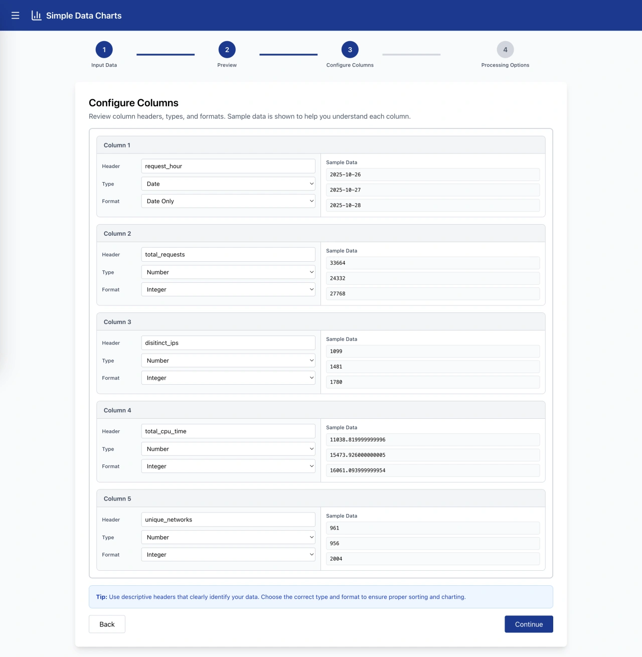 Configure column headers, types, and formats